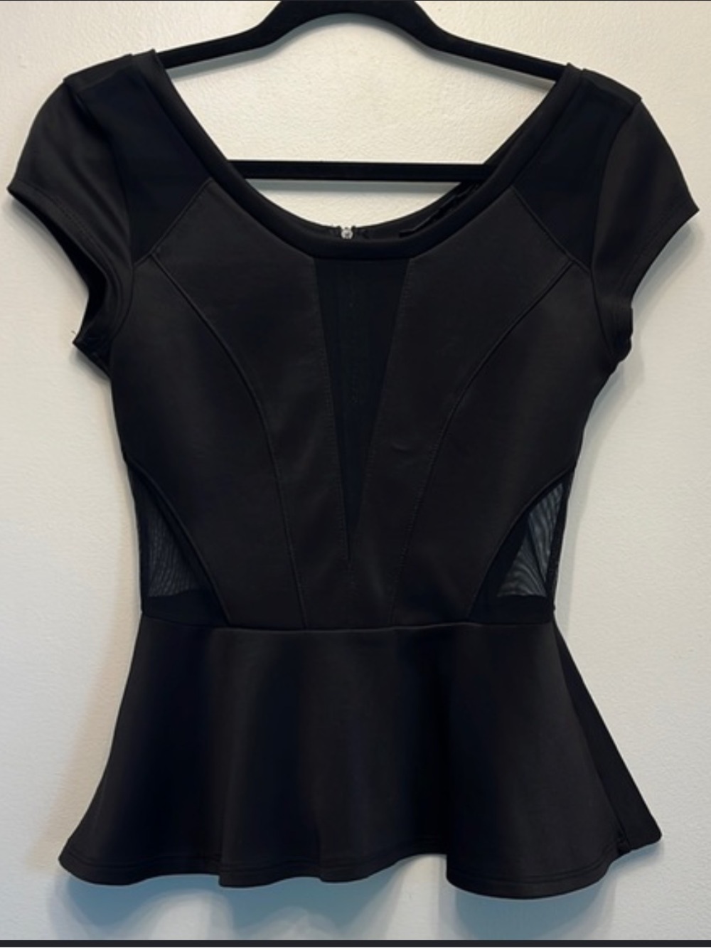 Guess Black Peplum Top Shirt with Mesh Insets Size Large